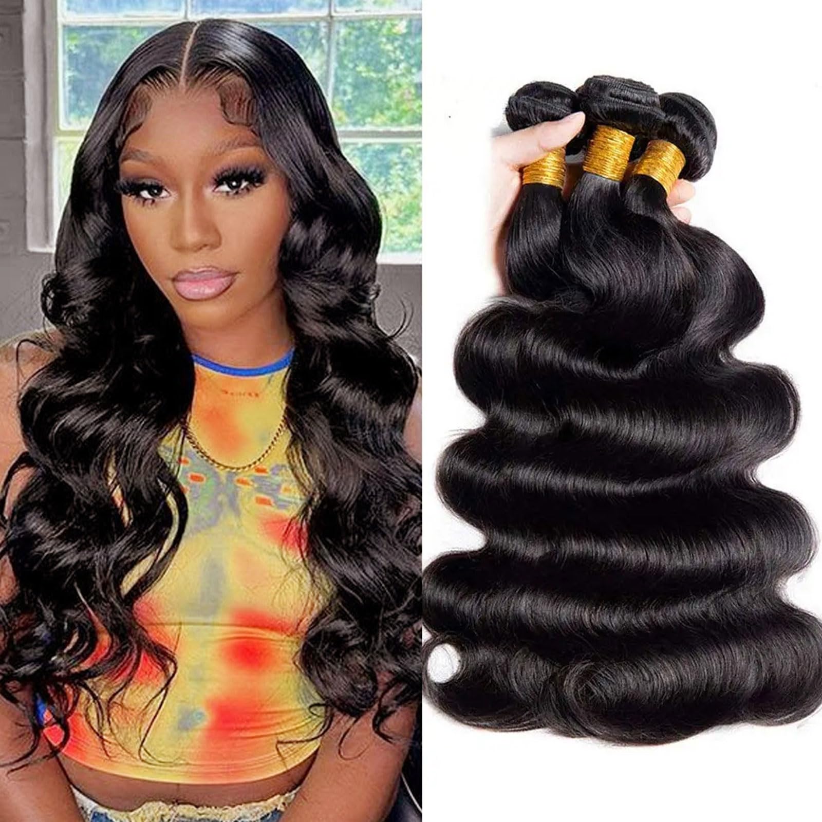 Huarisi Brazilian Body Wave Bundles Human Hair Weaves 18 20 22 Inch Body Wave Remy Hair 3 Bundles 8A Grade Unprocessed Virgin Hair Extensions Sew in for Black Women