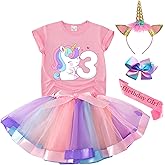 Tutu and Sian Unicorn Birthday Outfit for Girls - Shirt, Tutu Skirt Dress, Birthday Girl Crown, Hair Bow & Satin Sash (Unicorn 3Y, 3 Years)