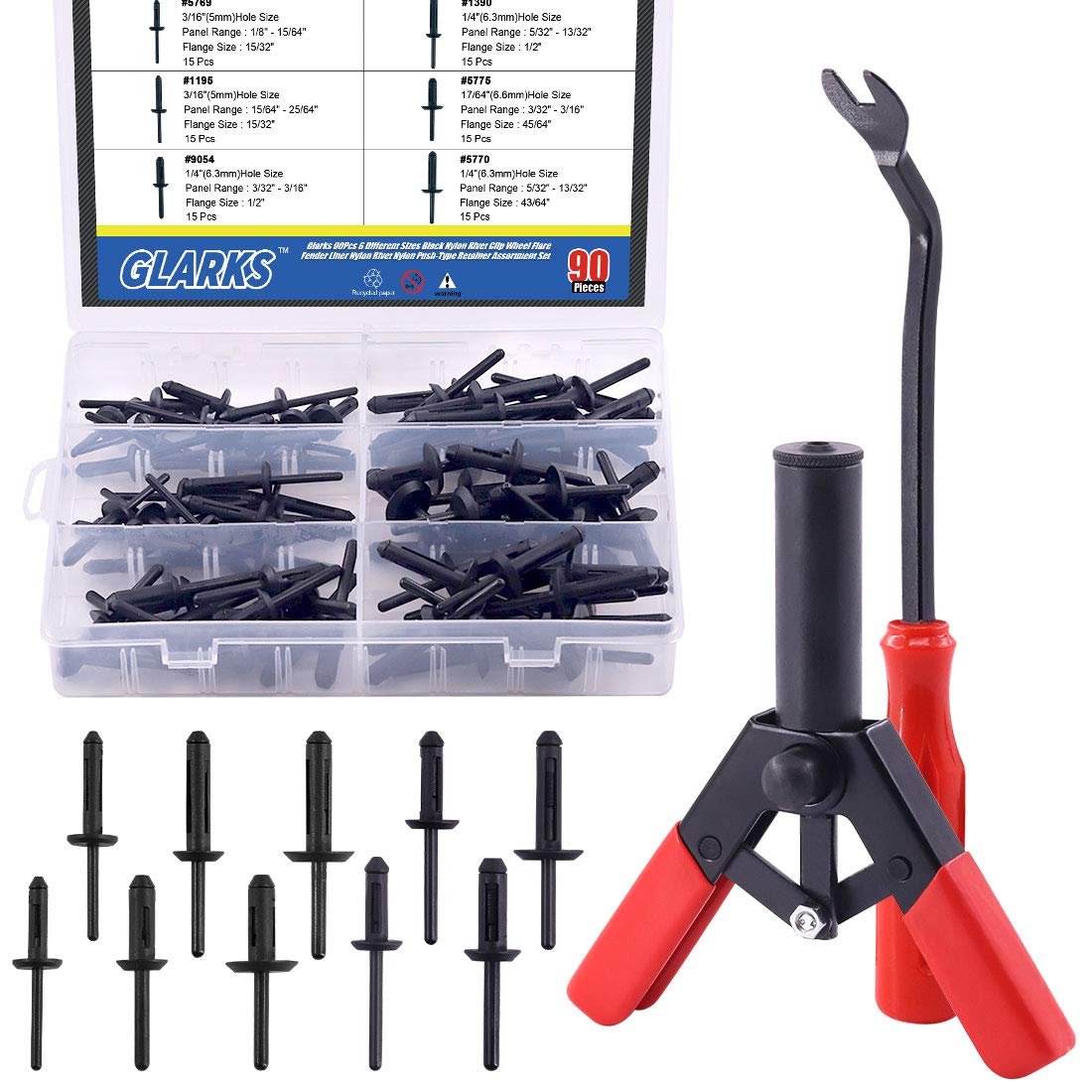 Glarks 92Pcs Rivet Gun, Fastener Removal Tool and 6 Sizes Nylon Universal Pop Rivet Assortment Set for installing and Removing Car Door Panel and Upholstery Clips (Rivet Gun)