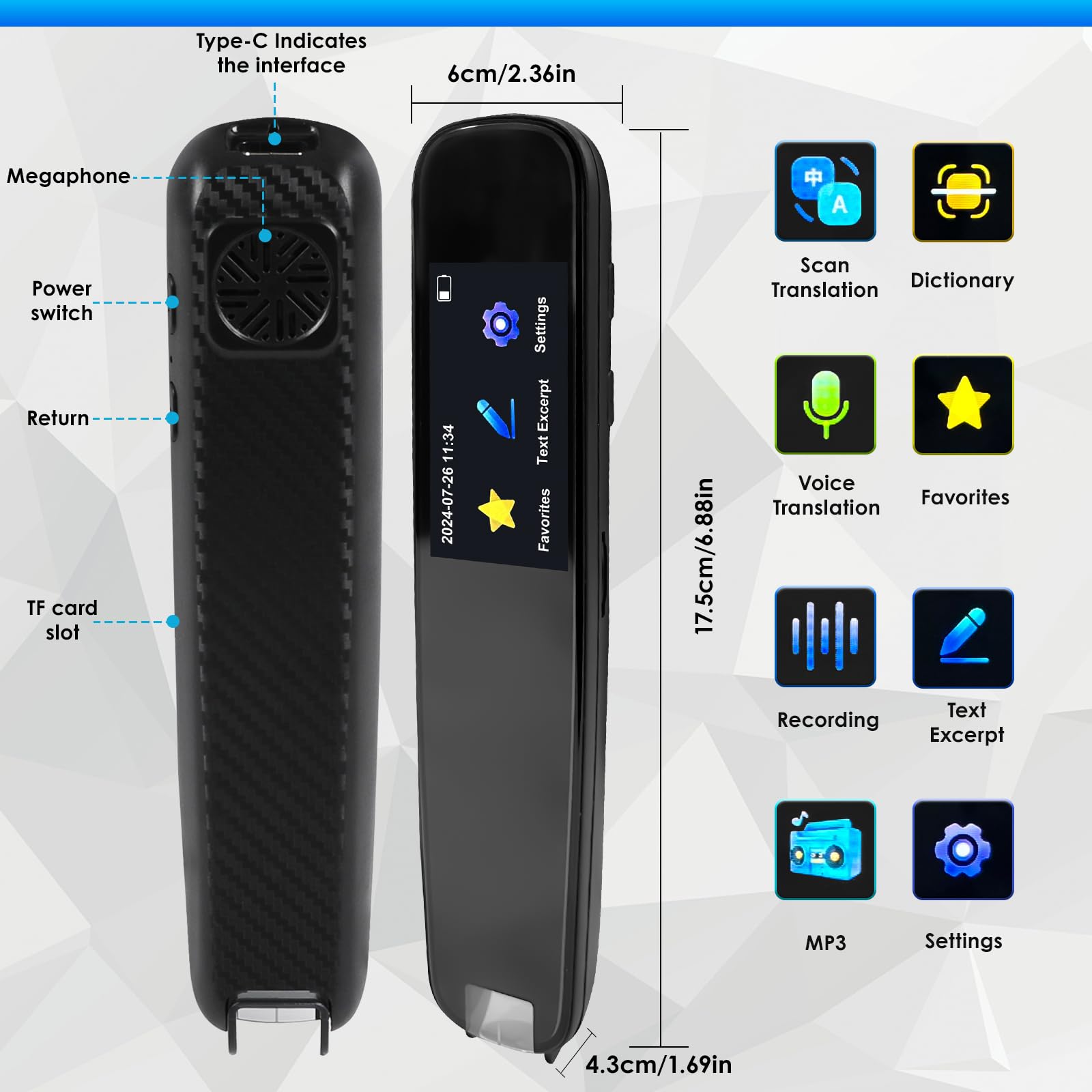 Daspom Scan Translation Pen, 1.97 inch Screen Translator Pen Scanner with 112 Languages Voice Translation, Offline OCR Digital Translation Pen for Student Dyslexia Adult Business Learning Travel