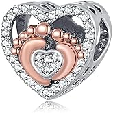 QeenseKc Two Tone Footprint Heart Charm Sparkling CZ Bead Compatible with Pandora Bracelet Mom Gift