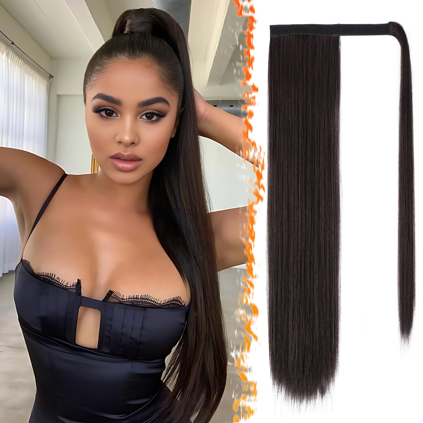 Photo 1 of BARSDAR Dark Brown Straight Ponytail Extensions - 26 Inch Long Straight Wrap Around Ponytails for Women, Clip in Ponytail Hair Extensions Synthetic Pony Tails Hairpieces - Dark Brown Mixed