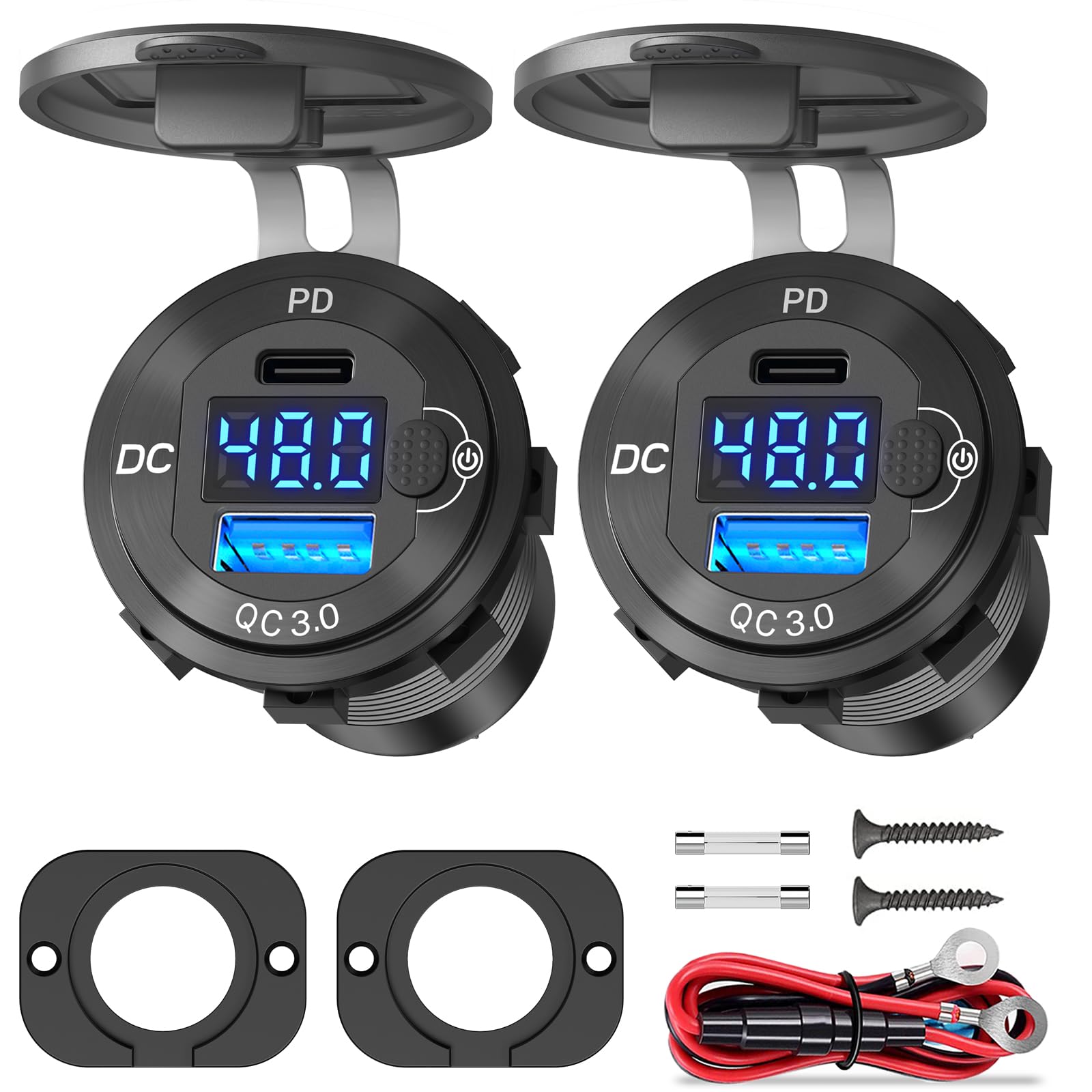 2 Pack High Voltage USB Outlet 12V 24V 36V 48V 60V Aluminum Car Charger Socket, PD 30W USB C and QC 36W Car USB Port Waterproof Cigarette Lighter Power Adapter DIY Kit with Switch for Ship Truck, etc.