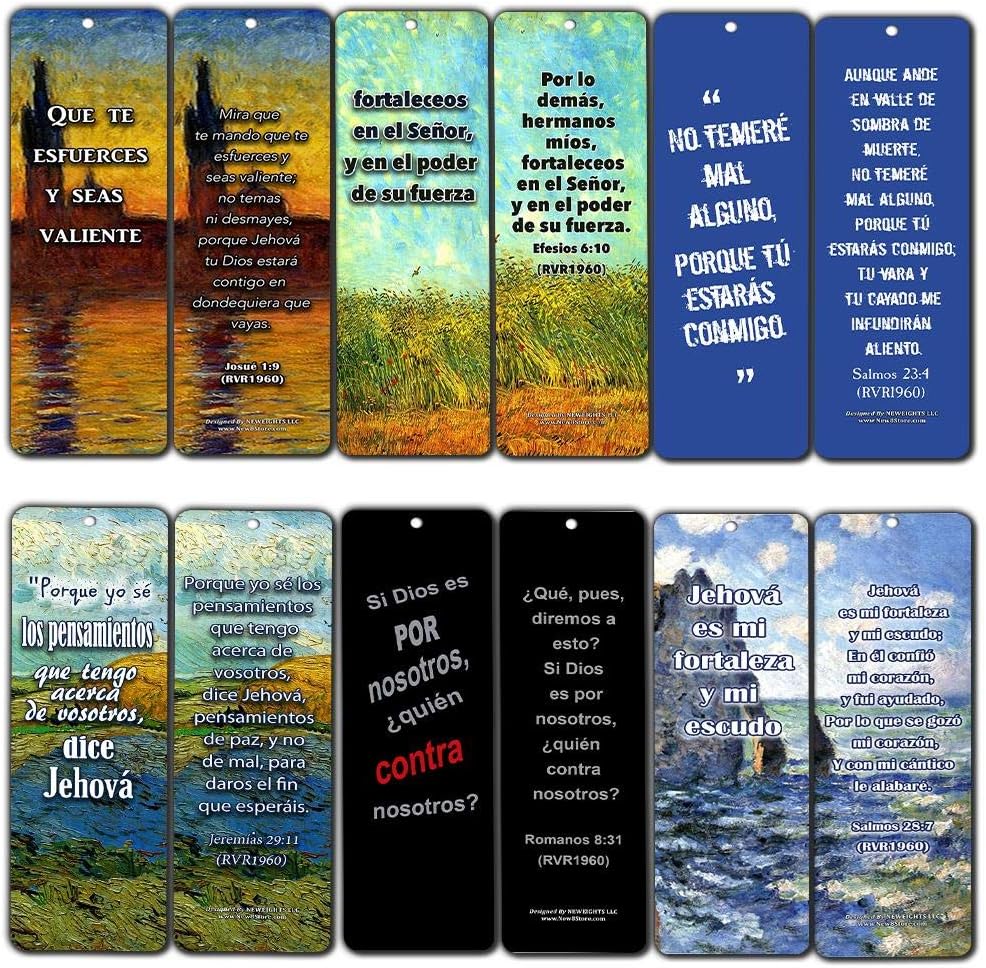 Spanish Bible Inspirational Bookmarks Cards Be Strong (60-Pack)- Jeremías 29:11 Josué 1:9 Salmos 23:4 Sunday School Homeschooling Bible Journal Craft Devocionales Cristianos en Español