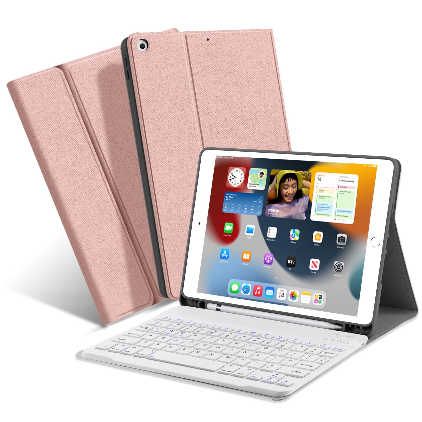 XIWMIX Keyboard Case for iPad 10.2 (9th Gen 2021/ 8th Gen 2020/ 7th Gen 2019), Slim Smart Protective Case with Pencil Holder and Magnetic Wireless Detachable Bluetooth Keyboard, Rose Gold