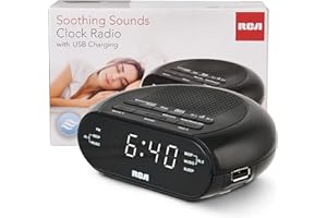RCA RCS27 Digital Radio Alarm Clock with Soothing Sounds, Brightness Control, and USB Charging Port