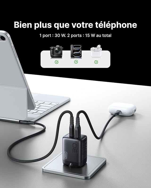 30W Chargeur USB C, 2-Port Prise GaN Chargeur Charge Rapide avec Câble
