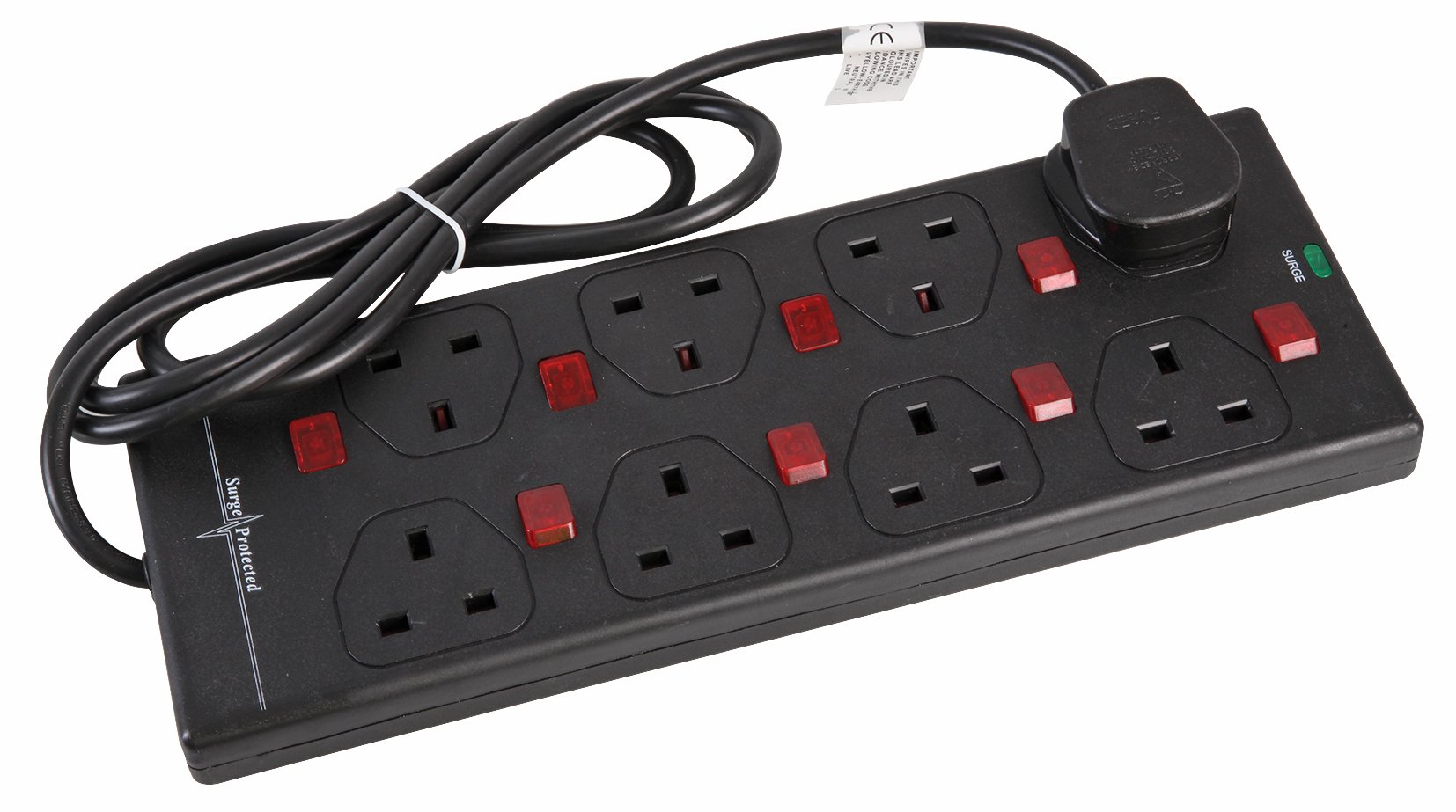pro elec 5 m 8 Way 8 Gang Surge Protected Switched Neon Extension Lead - Black