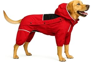 LOVELONGLONG Fleece-Lined Dog Raincoat with Removable Hood – Waterproof Winter Full Body Dog Jacket – Windproof Snowproof Cold-Weather Suit – Red-F M