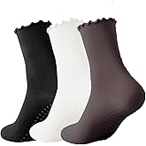 Ceoon 3 Pairs Pilates Socks with Grips Non-slip Ruffle Yoga Sock Grip Sock for Women