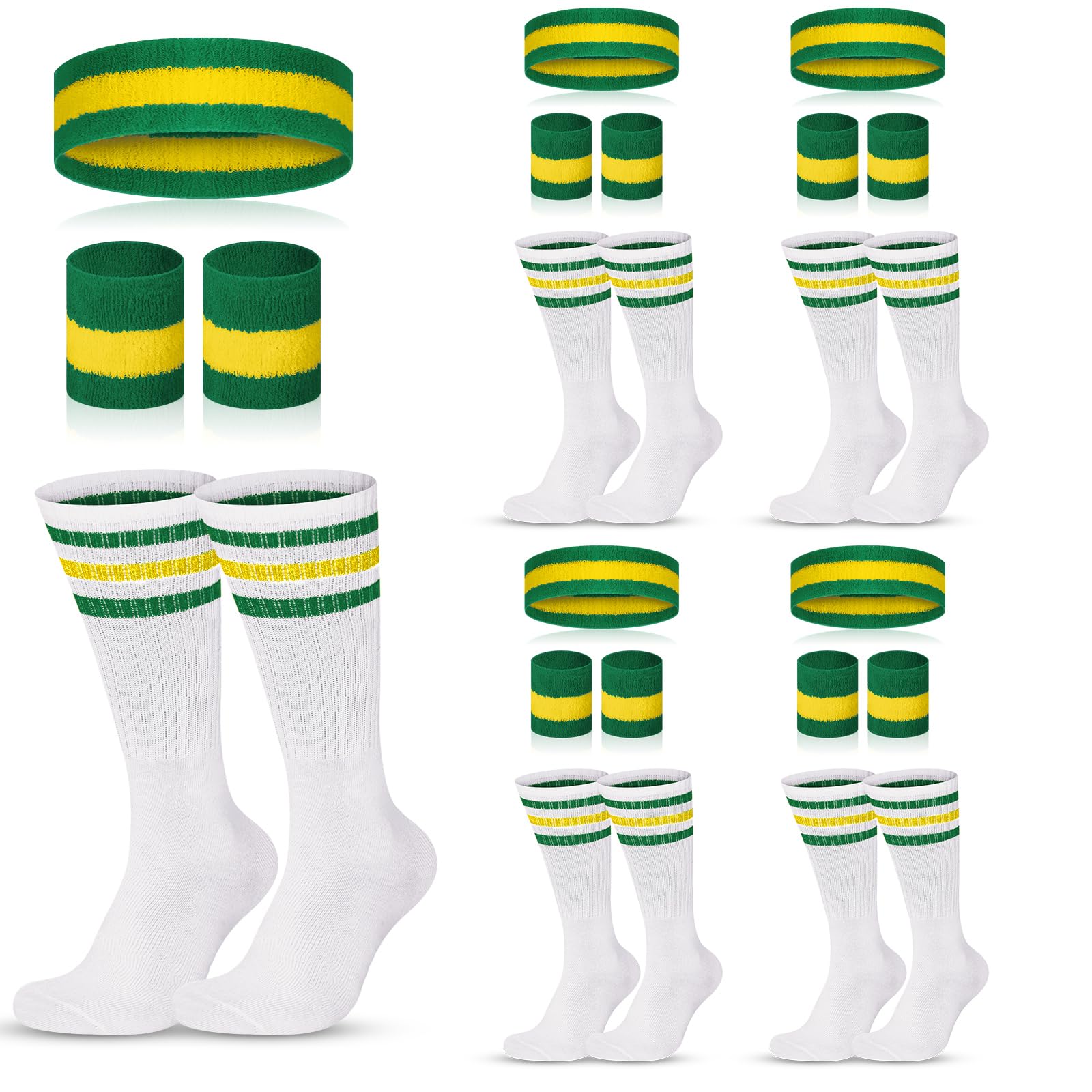 Photo 1 of Toulite 25 Pcs 80s Workout Tennis Costume Accessories Wristbands and Striped Socks Set for Men Women(Yellow, Green, White)
