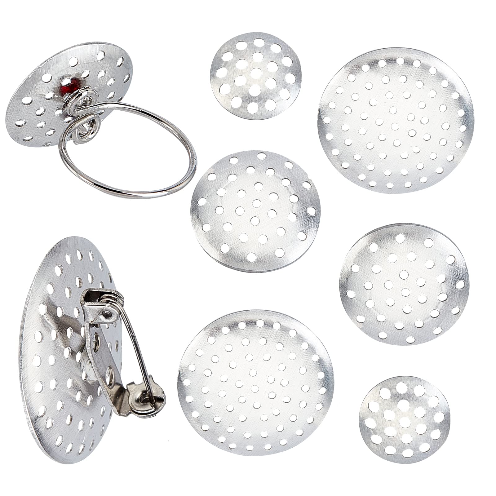 SUNNYCLUE 1 Box 180Pcs 3 Size Brooch Sieve Findings 12mm 18mm 28mm Silver Brooch Clasps Pin Disk Base Disc Blank Thicken Cabochon Trays for DIY Jewellery Craft Making Decoration Accessories