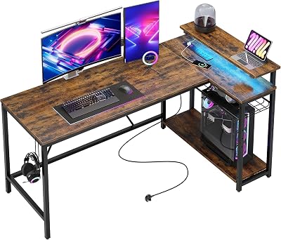 Bestier 147CM L-Shaped Desk with Power Outlets LED Lights USB Ports