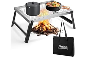 Anbte Folding Campfire Grill, 16’’x12’’ Chrome Finish Camping Grill Stable with Foldable Legs, Heavy Duty Steel Mesh Grate Li