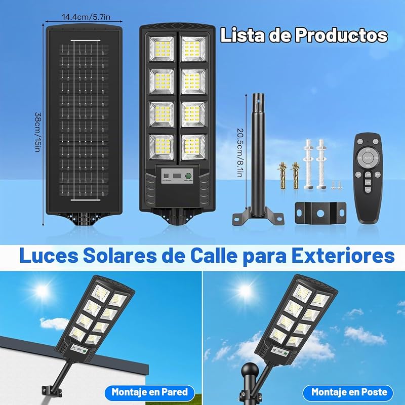 Farolas Solares Exteriores, 600W Potente Luz Solare Exterior con Sensor de Movimiento,Control Remoto, 6500K LED Focos Solares Exterior Impermeable Lampara Solar para Jardín Garaje, 2 Paquete