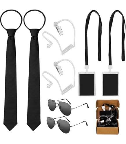 5 Accessoires Costume Agent Secret – Lunettes, écouteur, Cravate, Porte-badge, Badge – Cosplay, Halloween, Espion – Homme/femme