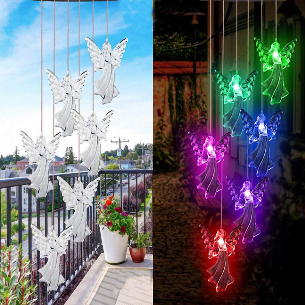 Ulalaza Solar Wind Chime Outdoor LED Color Hanging Angel Lamp Mobile Solar Lights Romantic Décor for Patio Garden Yard Home Decoration