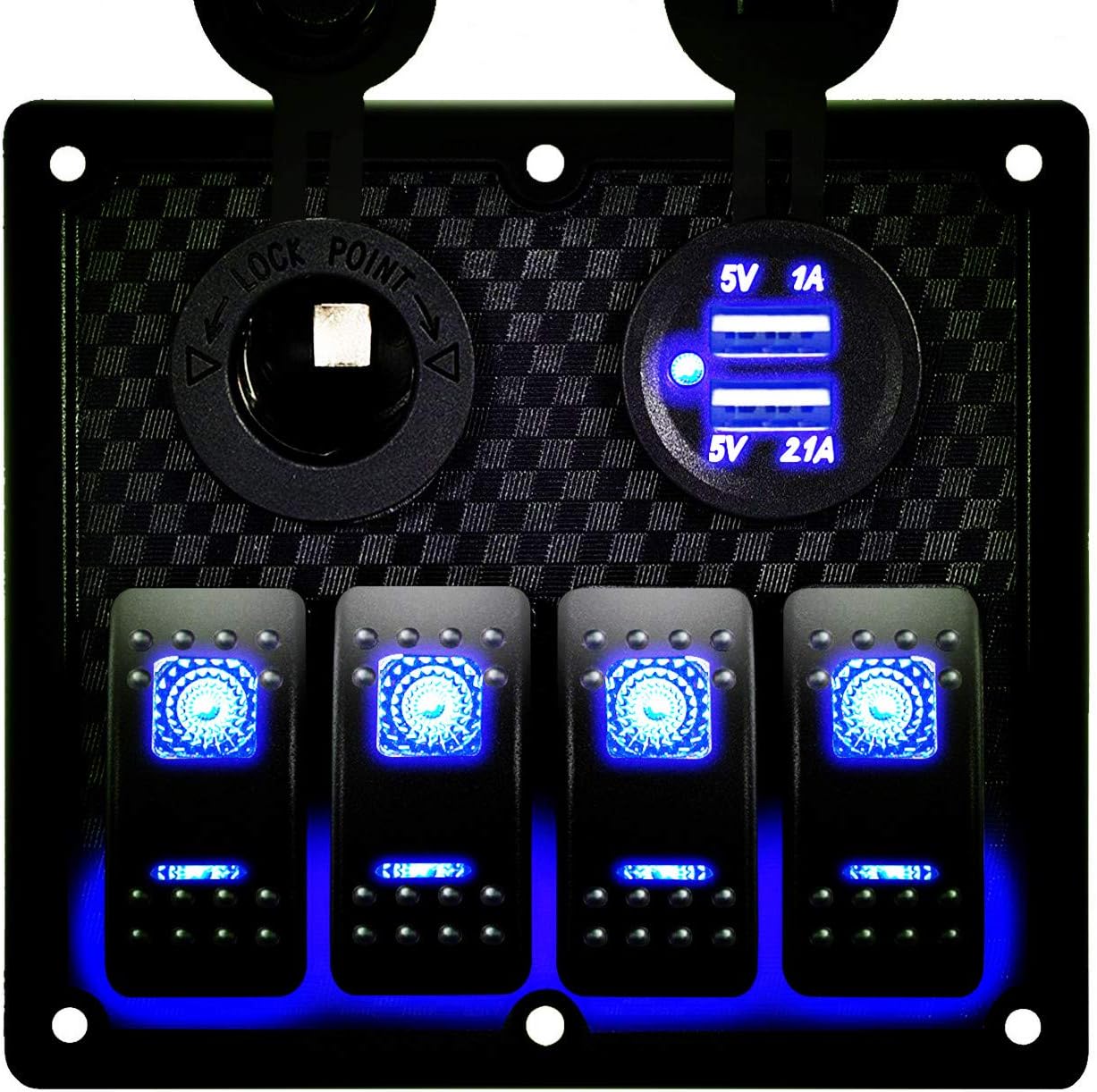 DCFlat 4/6/8/10 Gang Circuit LED Car Marine Waterproof 5 Pin Boat Rocker Switch Panel with Fuse Dual USB Slot LED Light + Power Socket Breaker Voltmeter for RV Car Boat