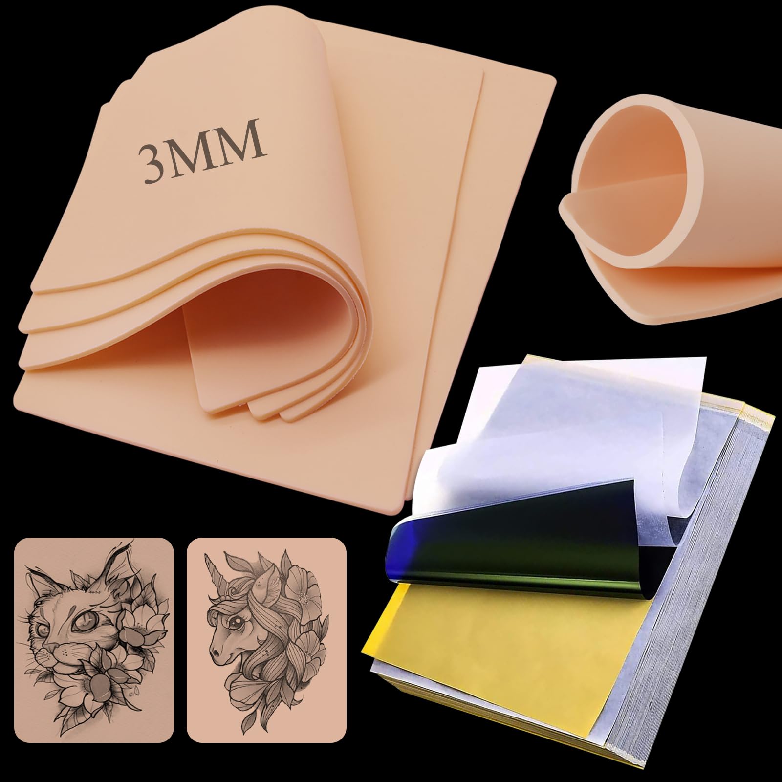 Tattoo Fake Skin 3mm with Transfer Paper - Rayyl 23Pcs Tattoo Practice Skin and Stencil Paper Including 3Pcs Double Sided Blank Tattoo Fake Skin and 20Pcs Tattoo Transfer Paper Tattoo Kit