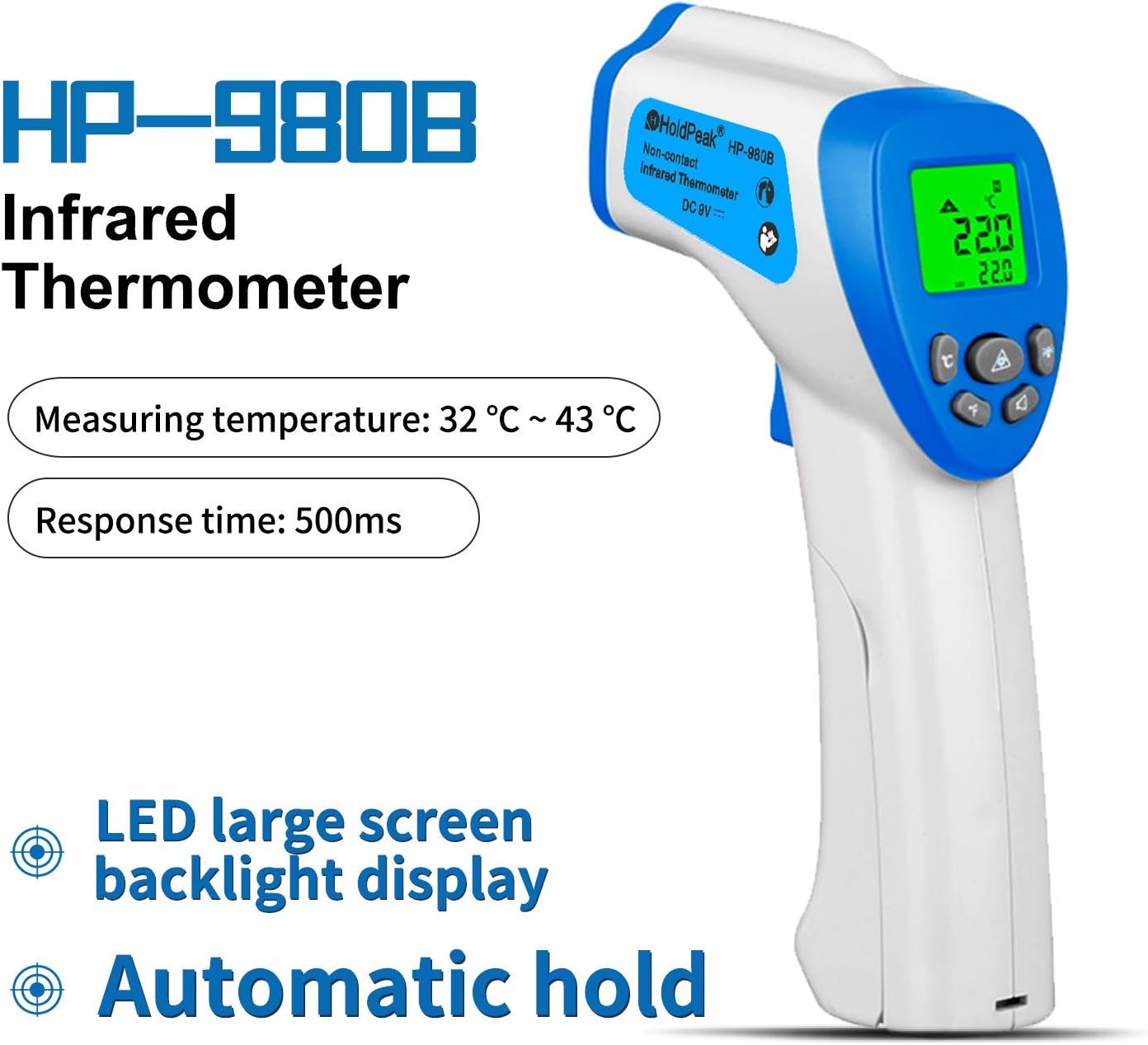 HoldPeak (Ship from US) HP-980B Infrared Thermometer,Non-Contact Digital Laser Temperature Gun Instant-Read (32 to 43℃)