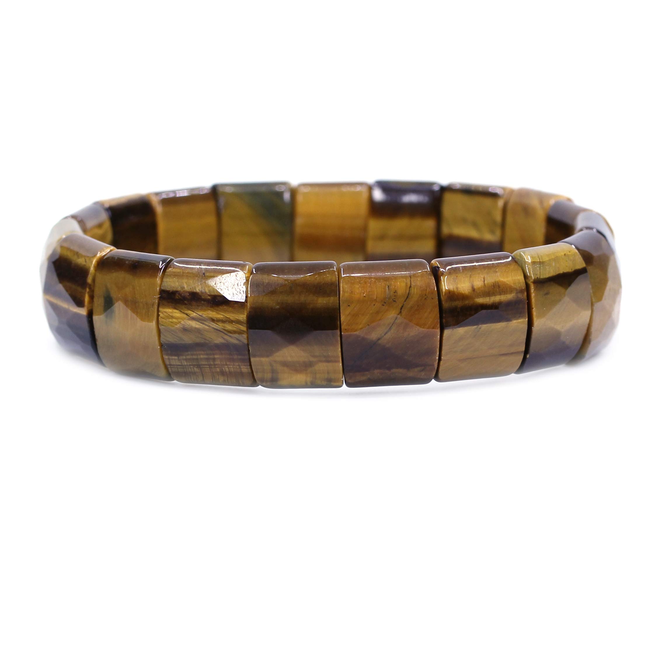 CHENYUE Natural Golden Tiger Eye Gem Semi Precious Gemstone 15mm Faceted Square Grain Beads Stretch Bracelet 7.5 Inch