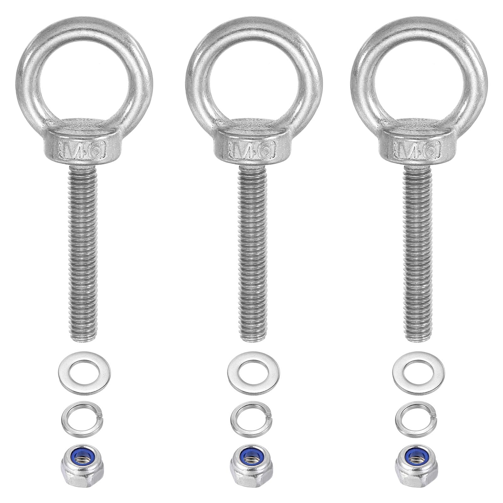 PATIKIL M6 x 40mm Lifting Shoulder Eye Bolt, 3Pcs 304 Stainless Steel Lifting Ring Threaded Eyebolt with Nuts Washers for Hanging Hammocks Articles