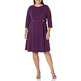 London Times Womens Crepe Fit and Flare Midi with Waist Button Detail