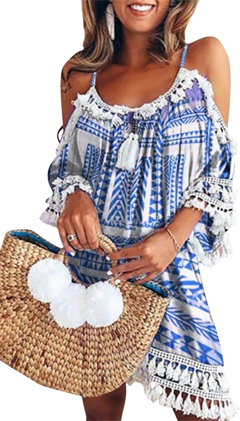 Women Off Shoulder Dresses Ladies Sleeveless Tassel Holiday Mini Dress Short Summer Sundress Boho Cold Shoulder Dresses Beach Dresses