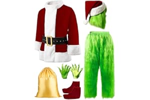 Jaaytct Halloween Costumes Adult Men Green Santa Costume, 8Pcs Furry Santa Suit Christmas Funny Cosplay Outfit
