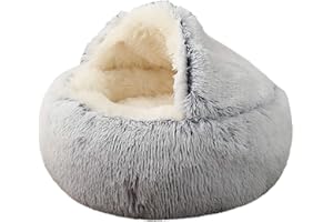 KWEWIK Cat Bed Round Soft Plush Burrowing Cave Hooded Cat Bed Donut for Dogs & Cats, Faux Fur Cuddler Round Comfortable Self Warming pet Bed, Machine Washable, Waterproof Bottom, Medium, Grey