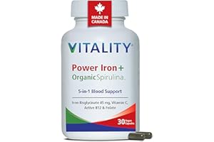 VITALITY Power Iron Bisglycinate High Dose 45mg - with B12 1000mcg, Vitamin C, Folate Folic Acid, High Absorption Blood Build