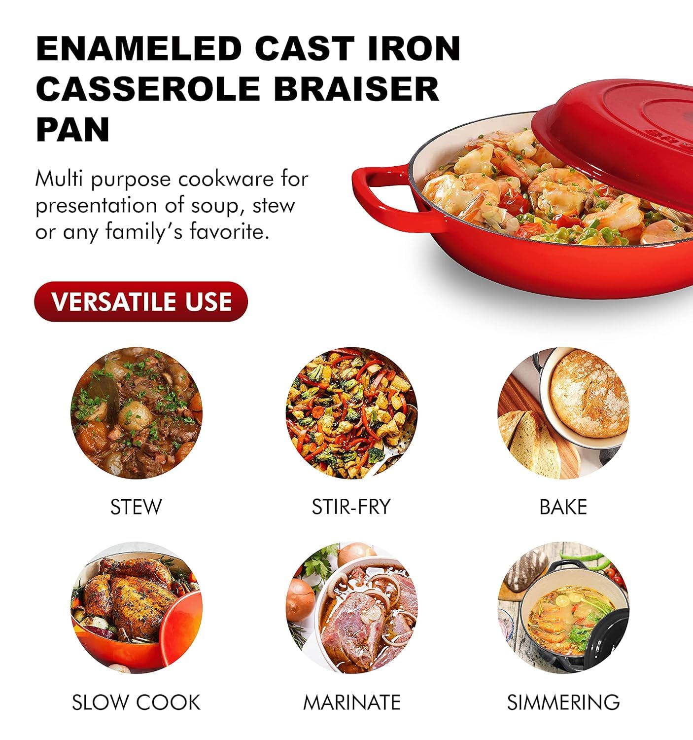 Bruntmor 3.8 Quart Dutch Oven Pot with Lid - Enameled Cast Iron Paella Pan - Ceramic Coated Cast Iron Braiser Pan for Baking, Braising, Roasting, Slow Cooking, and Stovetop Use - Gradient Red
