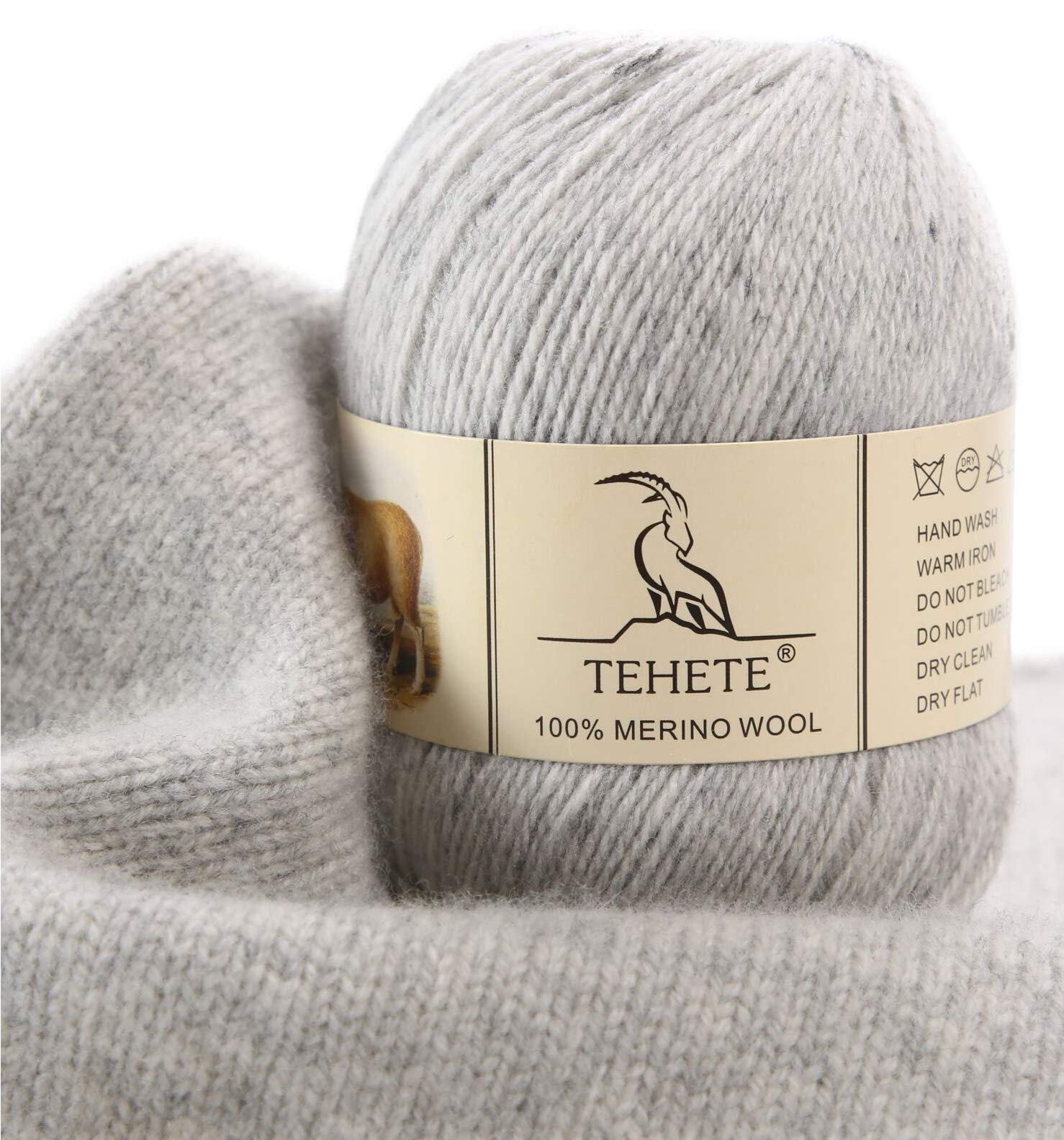 TEHETE 100% Merino Wool Yarn for Knitting and Crochet 3ply 50g 250m Soft and Luxurious -Light Grey