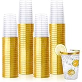 Vplus 150 Pack 12 OZ Reusable Gold Rimmed Clear Plastic Cups, Disposable Heavy Duty Plastic Cups Perfect for Party Christmas Wedding