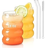KEMORELA 2PCS Wave Bubble Beverage Glasses With Straws, 18 Oz Vintage Glass Cups, Aesthetic Iced Coffee Glasses, Ripple Glassware, Beer Glasses - Stylish Drinkware for Every Occasion