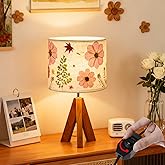 Floresita Dried Flowers Tripod Table Lamp 14.56in, 9W LED Dimmable Cute Bedside Lamp with Flowers Linen Lampshade for Nursery, Bedroom, Kid Room, Living Room, Light Brown Wooden Base