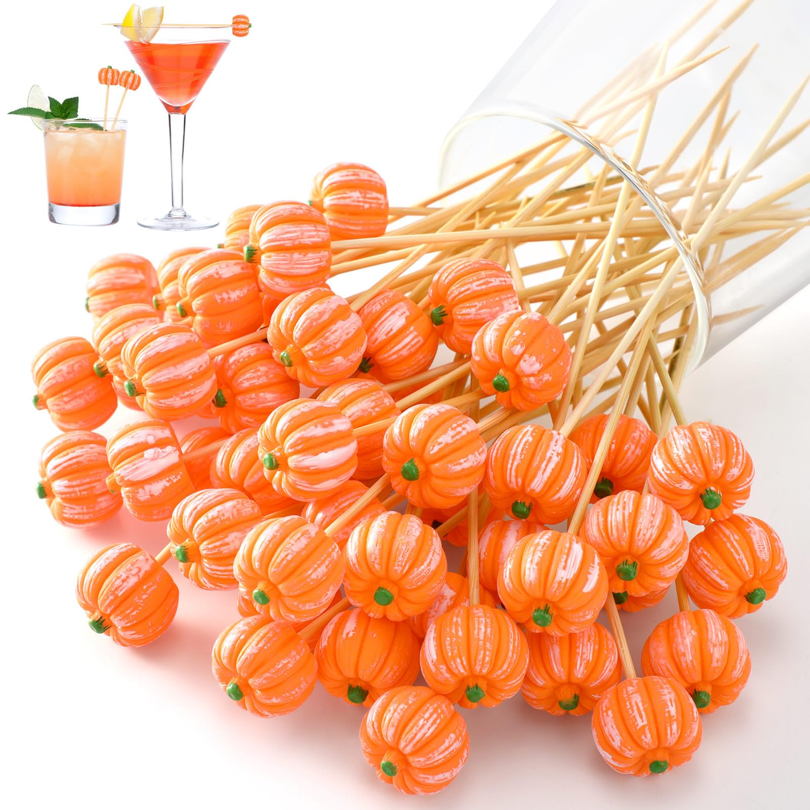 Photo 1 of 100 Pack Fall Pumpkin Cocktail Picks 4.7 Inch Pumpki Theme Bamboo Toothpicks, Fruit Drinks Dessert Sticks Food Sandwich Appetizer Charcuterie Skewers for Autumn Thanksgiving Day Party Decoration