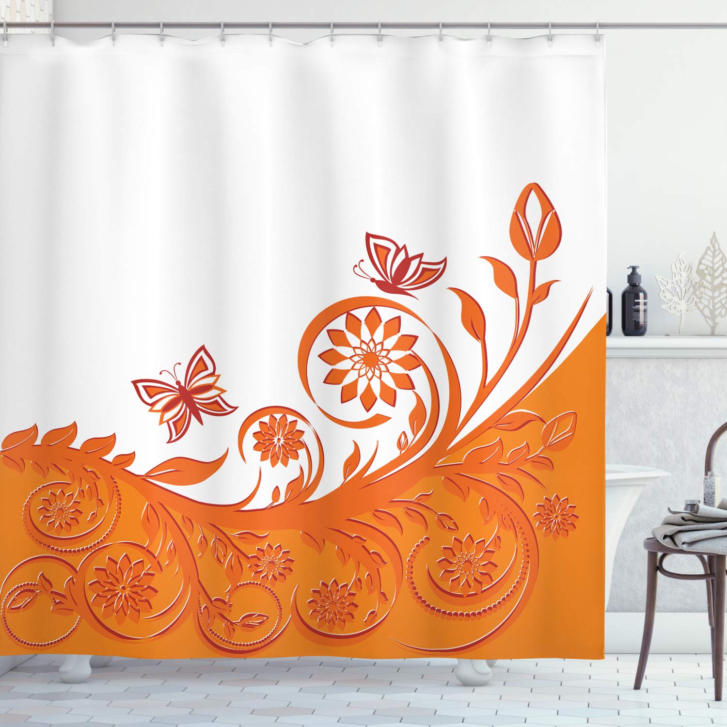 ABAKUHAUS Orange Shower Curtain, Rose Branch Motif with Floral Swirls in Old Fashioned Style Butterflies, Cloth Fabric Bathroom Decor Set with Hooks, 175 x 200 cm, Orange White