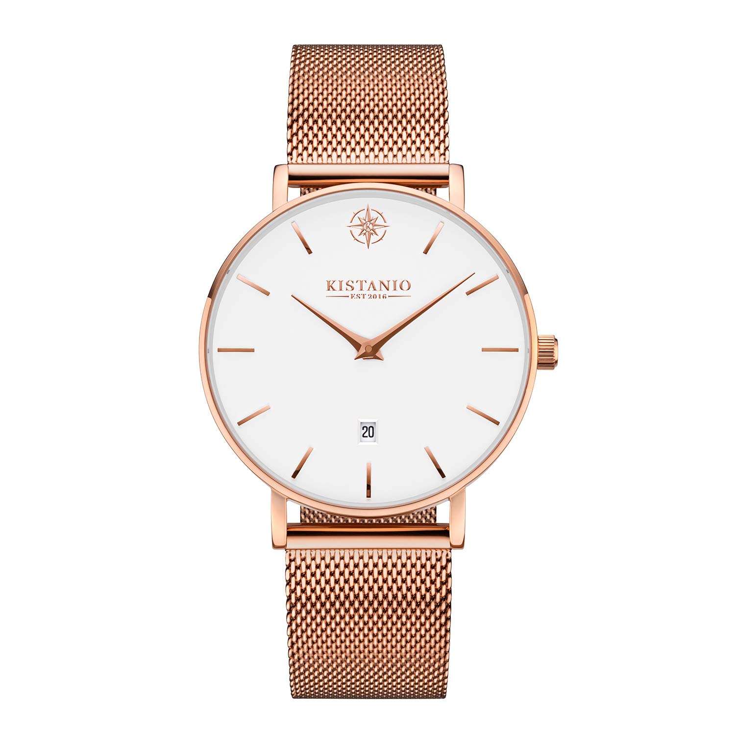 Kistanio Moyen Flat Women's Watch with Stainless Steel Milanese Strap Sapphire Glass 38 mm Diameter Stainless Steel Date Various Variations, Rose gold / white, Bracelet