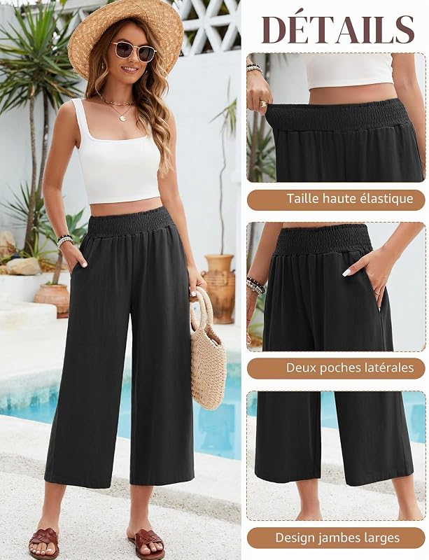 Pantalon Lin Femme Été Coton Chanvre 3/4 Large Pantalons Fluide Elegant Chic Taille Haute Élastique Pantacourt Léger Respirant Jogging Pants de Plage avec Poches (Noir, S)