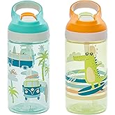 Zak Designs Atlantic Kids Water Bottle For School or Travel, 16oz Durable Plastic Water Bottle With Straw, Handle, and Leak-Proof, Pop-Up Spout Cover, 2-Pack (Surf Boards and Palm Trees)