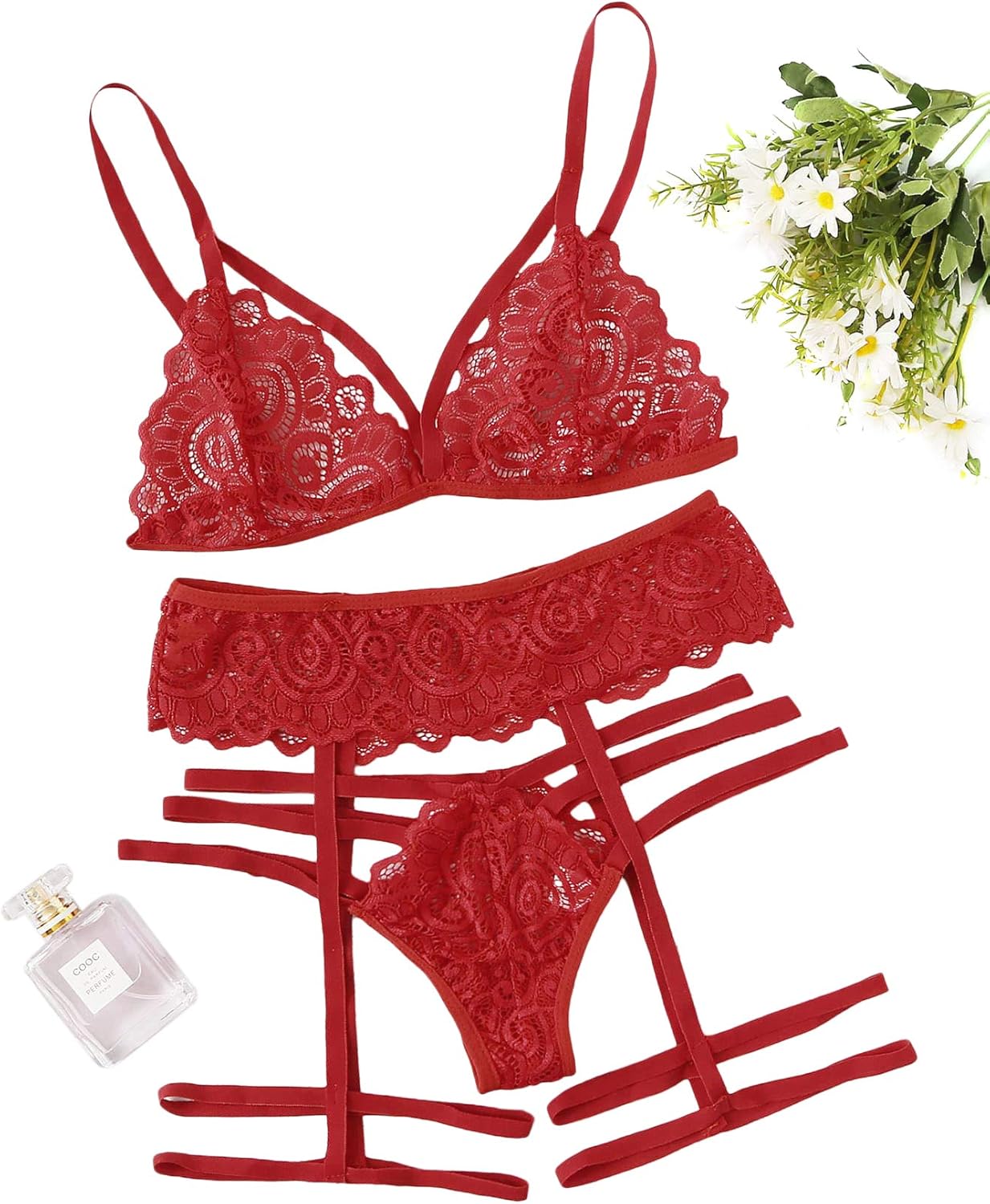 WDIRARA Women's Sexy Floral Lace Scalloped Trim Panty Lingerie Set: Clothing