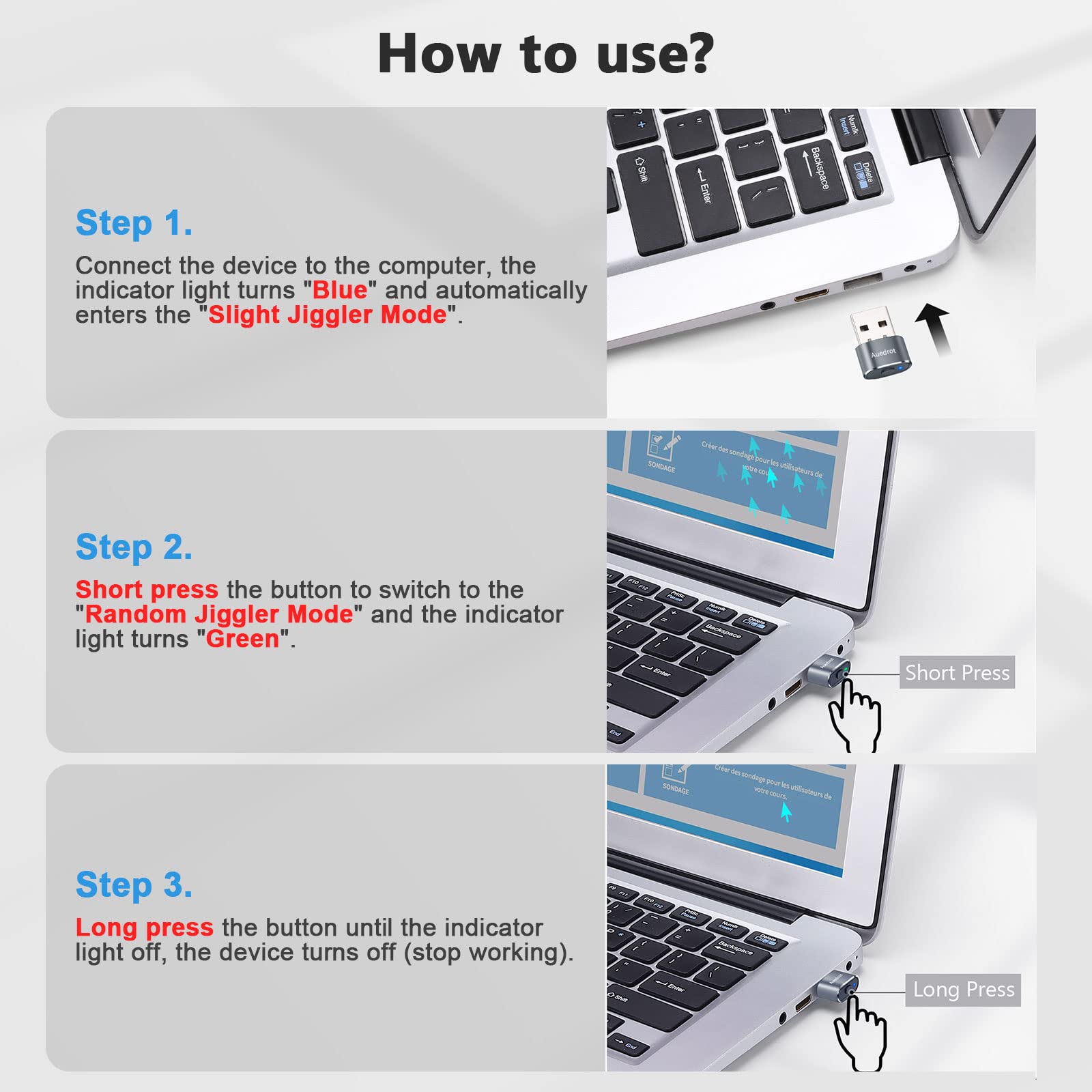 AUEDROT Mouse Jiggler Undetectable Mouse Jiggers USB Mouse Mover with Switch Button, Automatic Mouse Wiggler with 2 Jiggle Modes, Mouse Mover Device, Plug & Play, Keep Computer/Laptop Awake, Gray