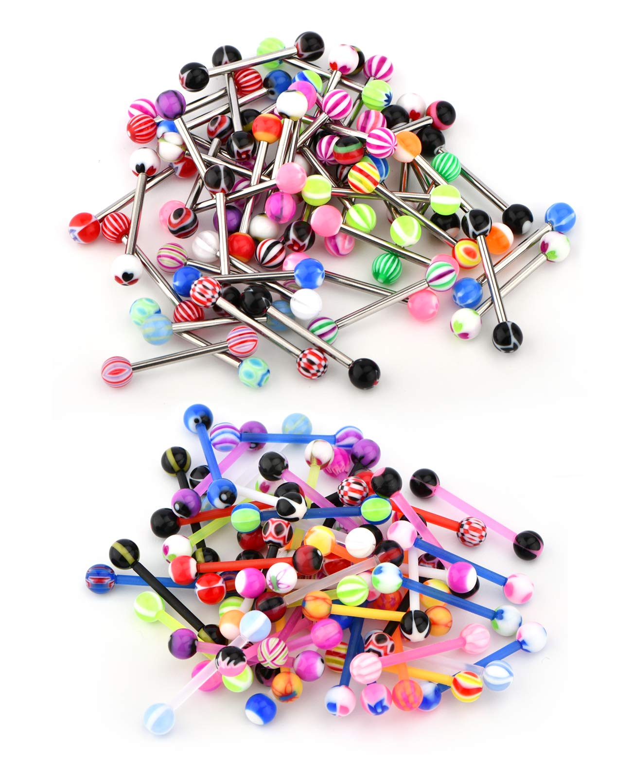 JFORYOU 100Pcs 14G Tongue Nipple Bar Stainless Steel and Acrylic Nipple Tongue Piercing Assorted Candy Color Barbells Body Piercing Jewelry
