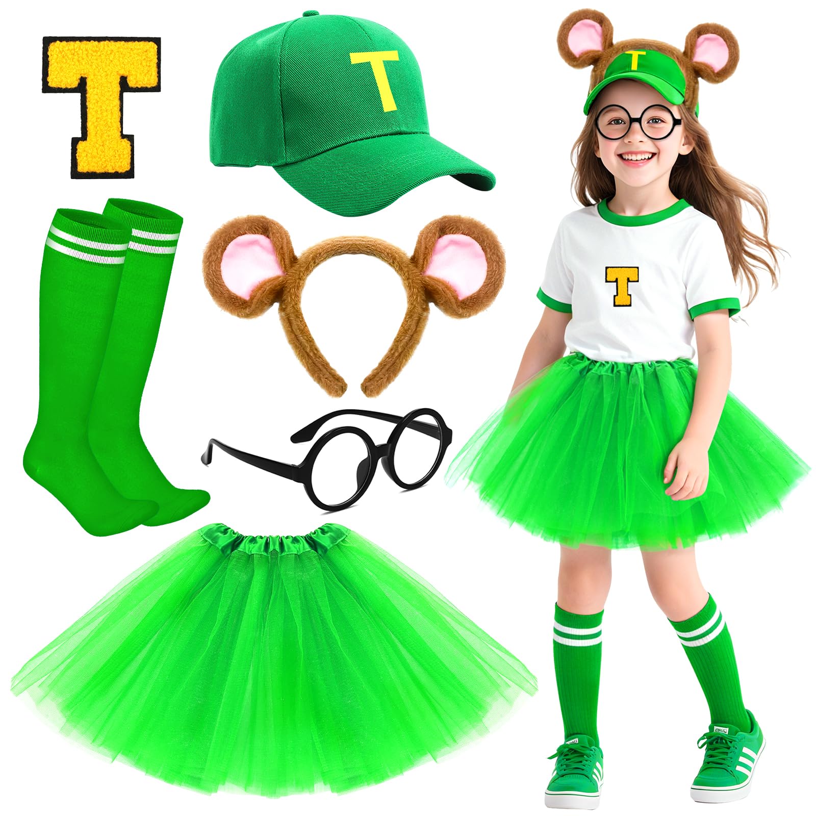 Jokureao 6Pcs Chipmunks Costume Set, Cartoon Chipmunk Outfit with Hat Glasses Headband Skirt Socks Patch, World Book Day Costume Chipmunk Accessories, Halloween Fancy Dress Party Outfit