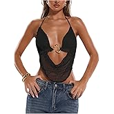 SHENHE Women's Sexy Y2k Halter Going Out Top Open Back Deep V Neck Metal Ring Rave Shirt