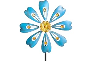 Senflame Flower Outdoor Metal Wind Spinner, Single-Layer Kinetic Garden Art with Vibrant Blue Finish - Weatherproof Wind Sculpture for Lawn, Patio, Yard Decor - 10''W x 36''H