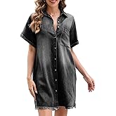Hersuitful Summer Denim Dress for Women Short Sleeve Button Down Casual Western Jean Dresses