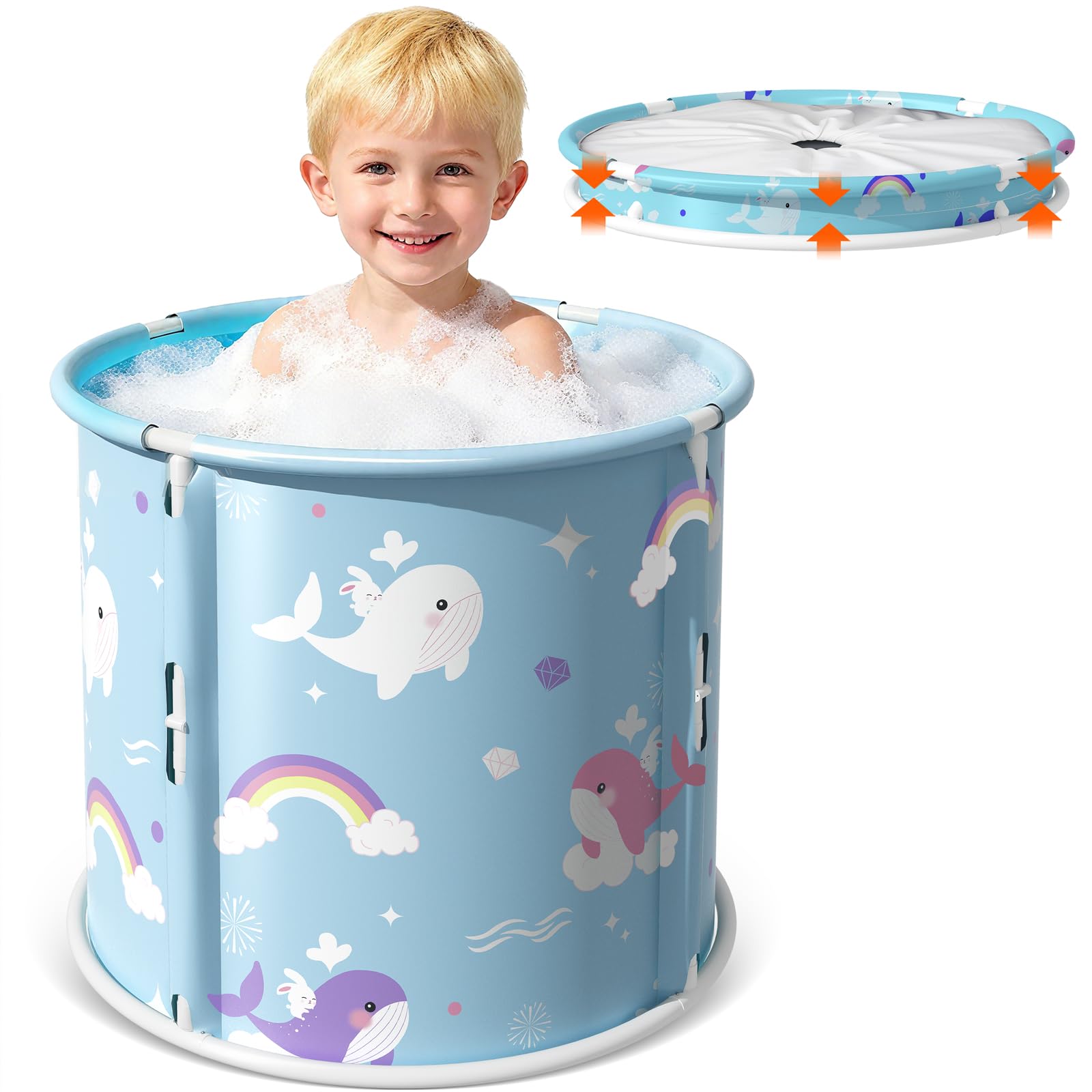 Photo 1 of Portable Bathtub, Foldable Bathtub for Kids, Boys and Girls, Therapy Tub for Shower Stall Bathroom Fold Up Japanese Soaking Hot SPA Bath Tub, Outside Ice Bath 21.65''x23.62''(Ocean World Blue)