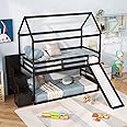 Giantex House Bunk Bed Twin Over Twin with Slide and Storage Stairs, Solid Wood Low Loft Bed Frame with Roof & Guardrail, No Box Spring Needed, House Bunk Beds for Kids Teens, Espresso